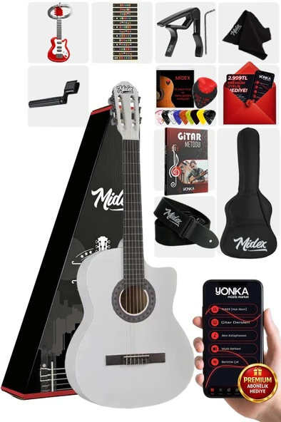 Midex CG-395WH Beyaz Renk Kesik Klasik Gitar 4/4 Yetişkin Boy Sap Ayarlı Full Set ürün görseli 1