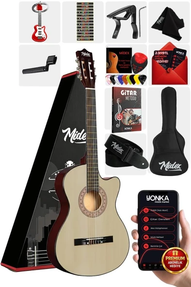 Midex CG-395NT Natural Renk Kesik Klasik Gitar 4/4 Yetişkin Boy Sap Ayarlı Full Set ürün görseli 1