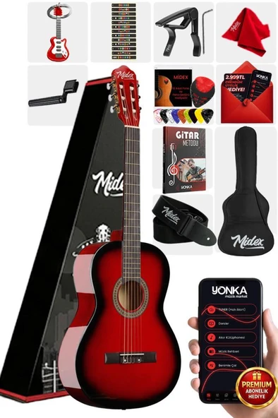 Midex CG-270RD Kırmızı Renk Klasik Gitar 4/4 Yetişkin Boy Sap Ayarlı Full Set ürün görseli 1