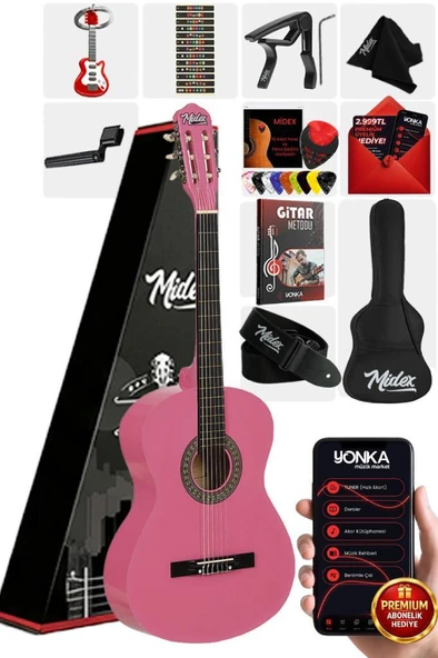 Midex CG-270PK Pembe Renk Klasik Gitar 4/4 Yetişkin Boy Sap Ayarlı Full Set ürün görseli 1