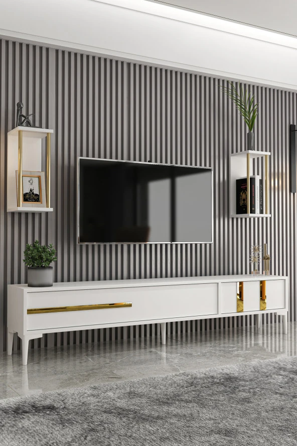 Givayo Mobilya Lükens Tv Ünitesi Beyaz Gold 180 cm ürün görseli 1
