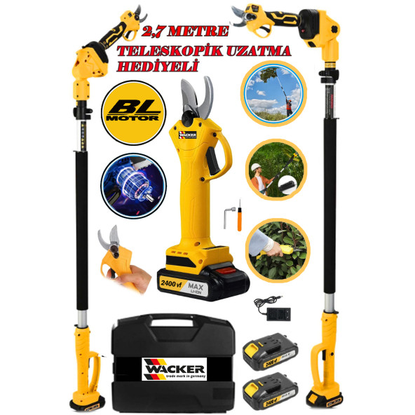 Wacker Pro Alman Çift Akülü 2400 VF 25 AH Bağ Budama Dal Ağaç Budama Makası + 2.7 Mt Telsekop Hediyeli ürün görseli 1