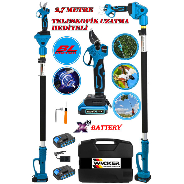 Wacker Pro Alman 2400 VF 25 AH Blue Çift Akülü Bağ Budama Dal Ağaç Budama Makası + 2.7 Mt Telsekop Hediyeli ürün görseli 1