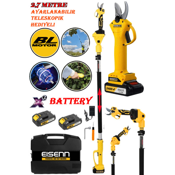 Eisenn Germany Bağ Budama Dal Ağaç Kesme Makası Yellow Series 2400 VF 20 AH Çift Akülü 2.7 Mt Teleskop Hediyeli ürün görseli 1
