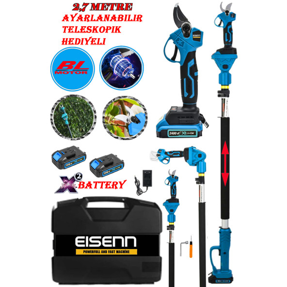 Eisenn Germany Bağ Budama Dal Ağaç Kesme Makası BLUE Series 2400 VF 20 AH Çift Akülü 2.7 Mt Teleskop Hediyeli ürün görseli 1
