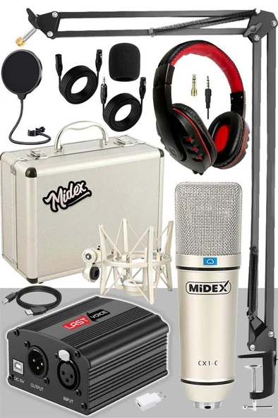 Midex CX1-C Mikrofon Phantom Power Kulaklık Stand Shock Mount Filtre Paketi ürün görseli 1