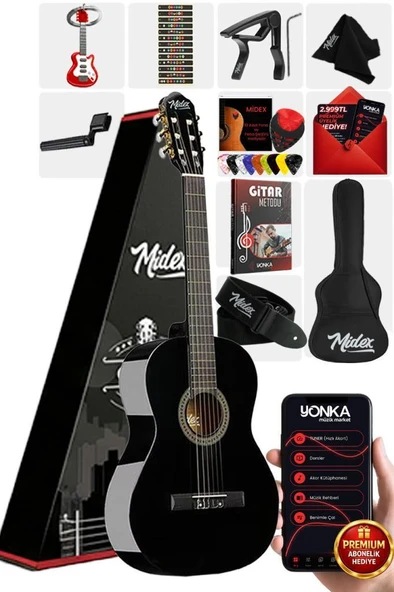 Midex CG-270BK Siyah Klasik Gitar 4/4 Yetişkin Boy Sap Ayarlı Full Set ürün görseli 1