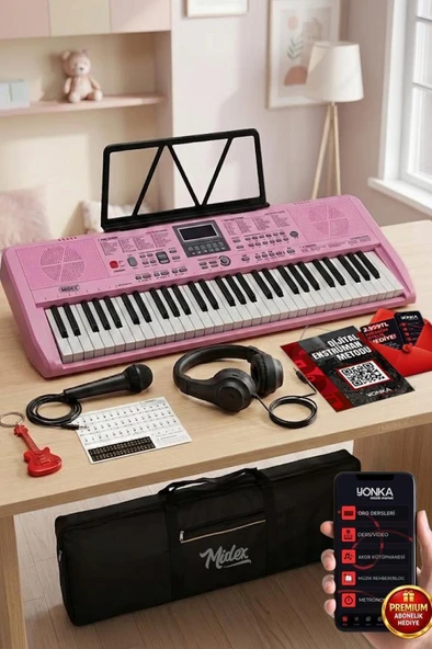 Midex PS-1800PK-H 61 Tuşlu Kaliteli Pembe Org Dijital Ekranlı Kulaklık Çanta Notalık Adaptör Sticker Metod ürün görseli 1