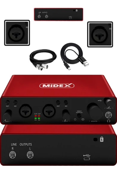 Midex GLX-800RD Üst Segment Usb Stüdyo Ses Kartı 2 Giriş 2 Çıkış 24bit/192kHz ürün görseli 1