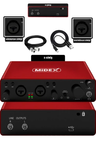 Midex GLX-800RD Üst Segment Usb Stüdyo Ses Kartı 2 Giriş 2 Çıkış 24bit/192kHz - Resim 3