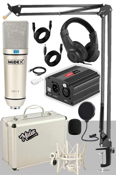 Midex CX1-PH Kondanser Stüdyo Mikrofon Phantom Power Kulaklık Stand Full Set ürün görseli 1
