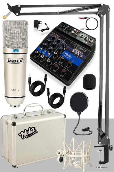 Midex CX1 Mixer Set Condenser Mikrofon Ses Kartlı Mikser + Stand + Filtre ürün görseli 1