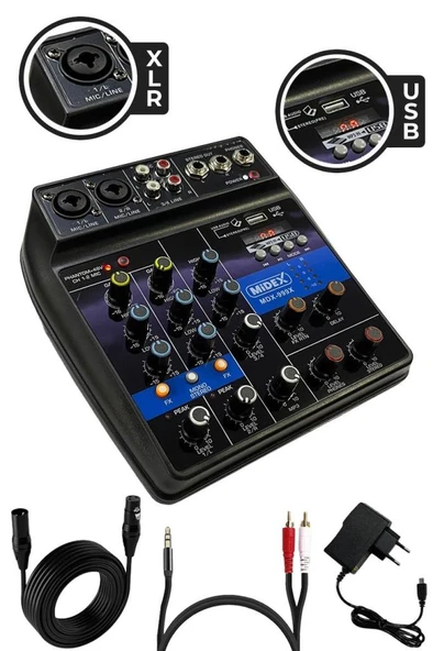 Midex MDX-999X Stüdyo Kayıt İçin Ses Kartlı +48V Phantomlu Kayıt Mikseri ( XLR Kablo + Rca Hediye) ürün görseli 1