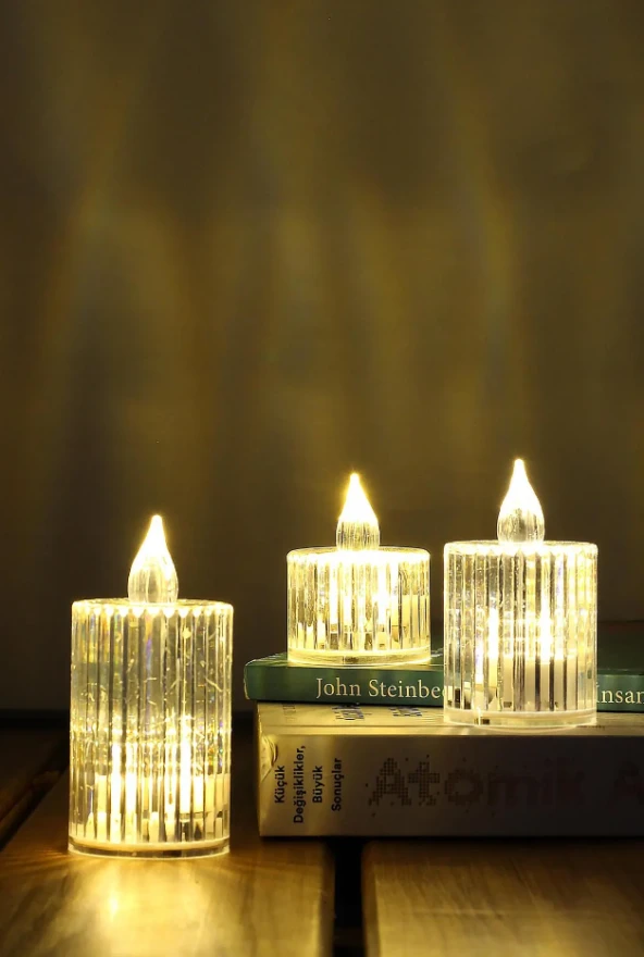3lü Kristal Desenli Led Mum Seti Pilli Dumansız Alevli Ledli Dekoratif Yapay Mum ürün görseli 1