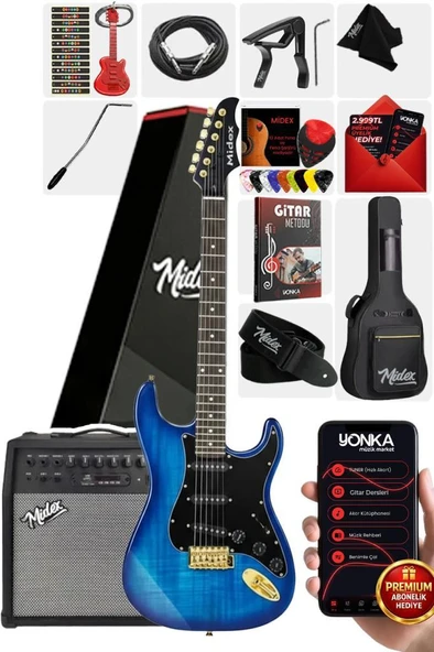 Midex GLC-40BL-50AMP Elektro Gitar Seti 50 WATT Şarjlı BT Amfi Full SET ürün görseli 1