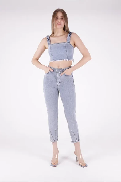 Paçaları Dekoratif Damla Taşlı Yüksek Belli Cepli Bilek Boylu Kadın Kot Pantolon Kar AçıkMavi Denim ürün görseli 1