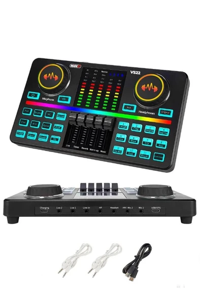 Midex VS22 Üst Seviye Stüdyo Kayıt Canlı Yayın Şarjlı Ses Kartı Efektli Radyo Mikseri (Telefon ve PC Podcast) ürün görseli 1
