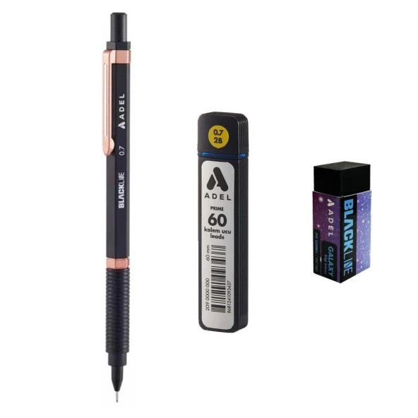 Adel Blackline Metal Gövdeli Versatil Kalem 0.7 Mm SİYAH-ROSE + Prıme 0,7 Uç 60lı + Silgi ürün görseli 1