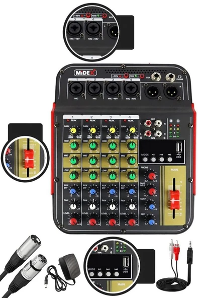 Midex MDX-04FXU Ses Mikseri Stüdyo Kayıt İçin 5 Kanal Ses Kartlı +48V Phantomlu Kayıt Mikseri ürün görseli 1
