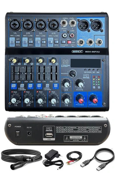 Midex MDX-06FXU Ses Mikseri Stüdyo Kayıt İçin 6 Kanal Ses Kartlı 99 DSP Efektli (+48V-USB-Bluetooth) ürün görseli 1