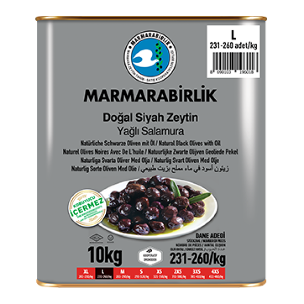 Marmarabirlik Doğal Yağlı Salamura 231-260 KB L Siyah Zeytin 10 KG ürün görseli 1