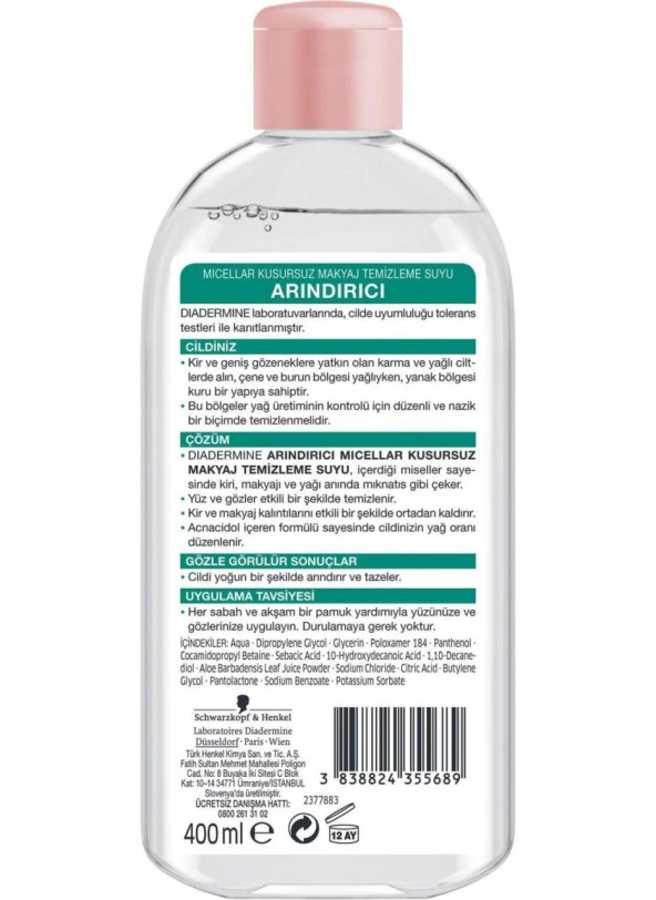 Diadermine 400 Ml Karma ve Yağlı Ciltler Arındırıcı Micellar Kusursuz Makyaj Temizleme Suyu ürün görseli 1
