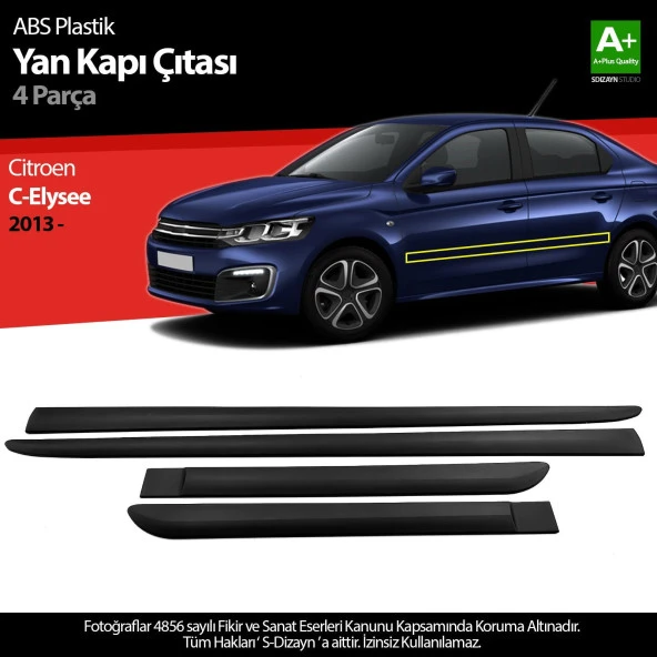 S-Dizayn Citroen C-Elysee ABS Plastik Yan Kapı Koruma Çıtası 2013 Üzeri A+ Kalite ürün görseli 1