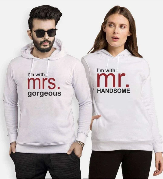 Tshirthane Mr Mrs Handsome Gorgeous Sevgili Kombinleri Kapüşonlu Kombini ürün görseli 1