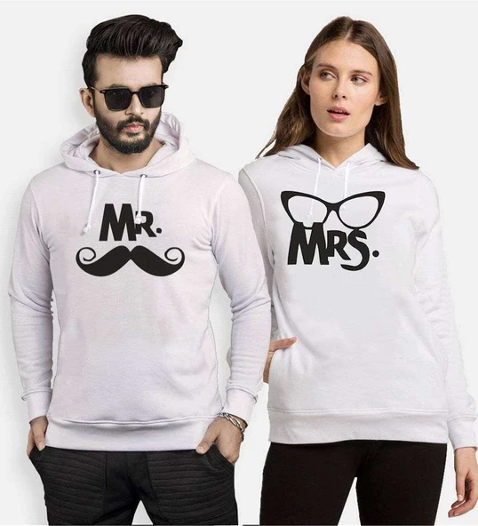 Tshirthane Mr. Mrs. Bıyık Gözlük Sevgili Kombinleri Kapüşonlu Kombini ürün görseli 1