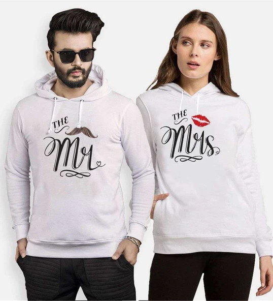 Tshirthane Mrs.Öpücük Mr. Bıyık  Sevgili Kombinleri Kapüşonlu Kombini ürün görseli 1