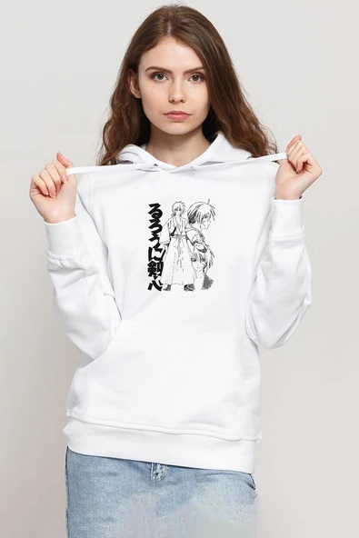 Rurouni Kenshin Black White Art Beyaz Kadın 3ip Kapşonlu Sweatshirt ürün görseli 1