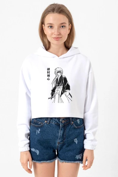 Rurouni Kenshin Poster Japan Beyaz Optik Kadın Crop Kapşonlu ürün görseli 1