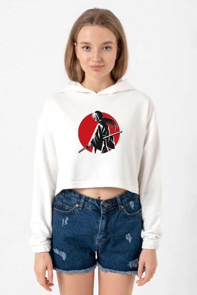 Rurouni Kenshin Samurai Logo Ekru Kadın Crop Kapşonlu ürün görseli 1