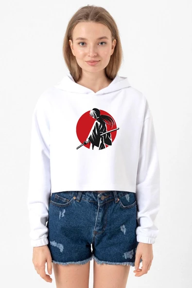 Rurouni Kenshin Samurai Logo Beyaz Optik Kadın Crop Kapşonlu ürün görseli 1