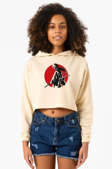 Rurouni Kenshin Samurai Logo Bej Kadın Crop Kapşonlu ürün görseli 1