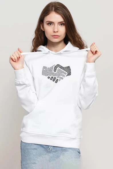 Shake Hands Icon Beyaz Kadın 3ip Kapşonlu Sweatshirt ürün görseli 1