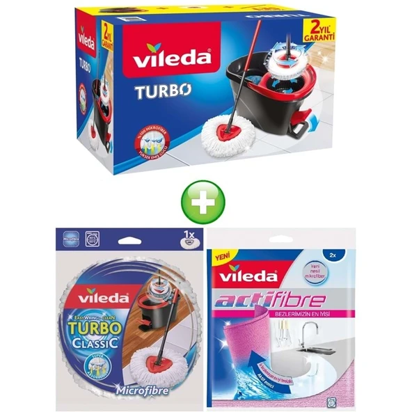 Vileda Turbo Pedallı Temizlik Seti (Komple Set)+Turbo Yedek Mop Paspas Ucu+Actifibre Mikrofiber Bez ürün görseli 1