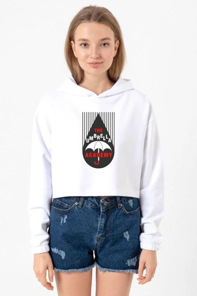 The Umbrella Academy Rain Logo Beyaz Optik Kadın Crop Kapşonlu ürün görseli 1