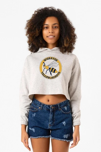 Wiskayok Yellowjackets Logo Beyaz Kırçıllı Kadın Crop Kapşonlu ürün görseli 1