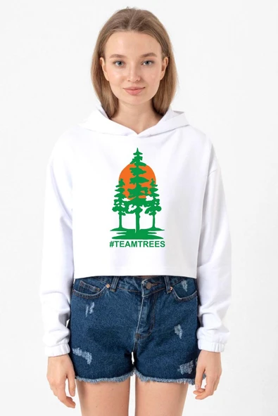 Mr Beast Team Trees Beyaz Optik Kadın Crop Kapşonlu ürün görseli 1