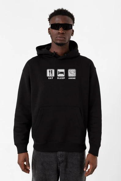 Eat Sleep Anime Siyah Erkek 3ip Kapşonlu Sweatshirt ürün görseli 1