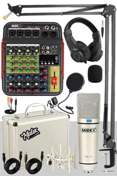 Midex Vokal Paket-2 CX1 Stüdyo Mikrofon 6 Kanal Stüdyo Kayıt Mikseri Kulaklık ve Full Set ürün görseli 1