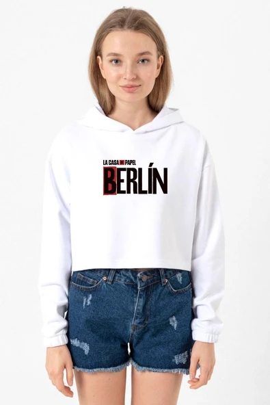 La Casa De Papel Berlin Beyaz Optik Kadın Crop Kapşonlu ürün görseli 1