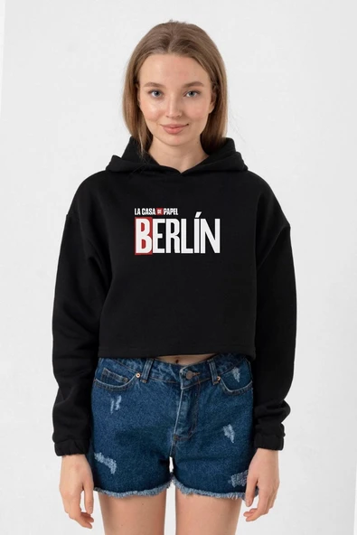 La Casa De Papel Berlin Siyah Kadın Crop Kapşonlu ürün görseli 1