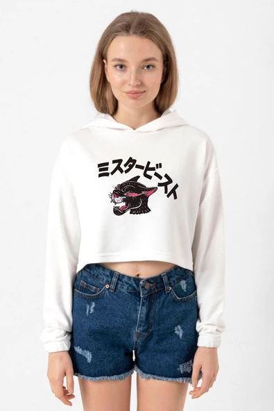 Mr Beast Kanji Ekru Kadın Crop Kapşonlu ürün görseli 1