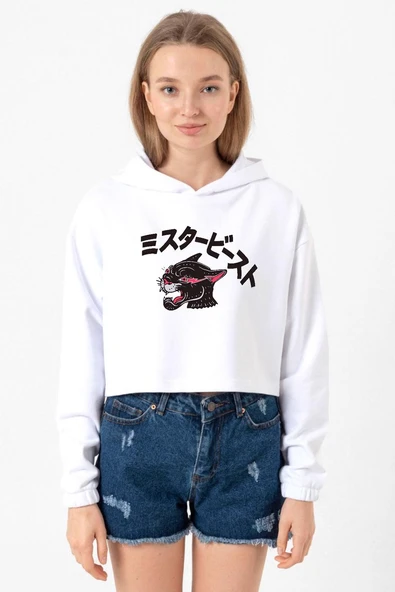 Mr Beast Kanji Beyaz Optik Kadın Crop Kapşonlu ürün görseli 1