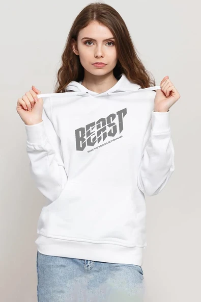 Mr Beast Make The World Beyaz Kadın 3ip Kapşonlu Sweatshirt ürün görseli 1