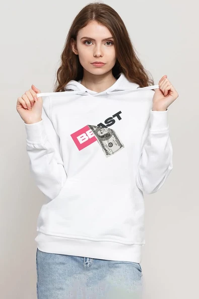 Mr Beast Dollar Bill Beyaz Kadın 3ip Kapşonlu Sweatshirt ürün görseli 1
