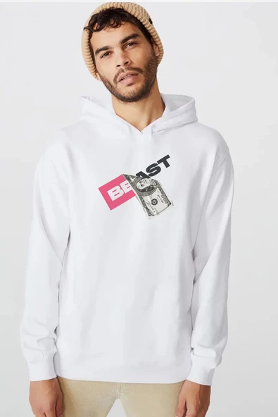 Mr Beast Dollar Bill Beyaz Erkek 3ip Kapşonlu  Sweatshirt ürün görseli 1