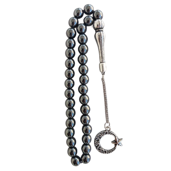 Dogal Taş Hematit Tesbih,33 Taneli Metal ayyıldız püsküllü tespih ürün görseli 1
